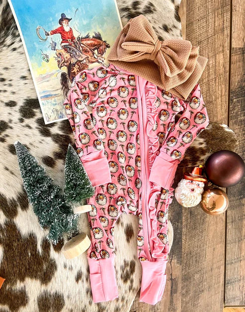 7.15 LR2427 Baby Girls Long Sleeves Christmas Santa Plaid Ruffle Zipper Pant Rompers Preorder