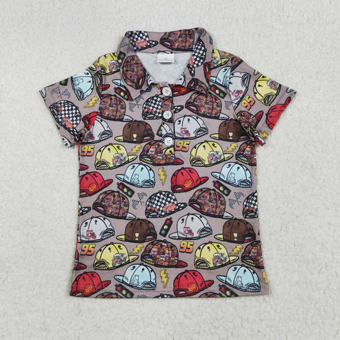 7.15 BT1228 Baby Boys Brown Short Sleeves Button Cartoon Hats Polo Shirts Top
