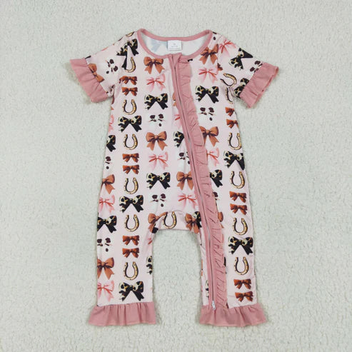 7.15 SR3116 Baby Girls Pink Short Ruffle Sleeves Bows Horse Shoes Zipper Romper