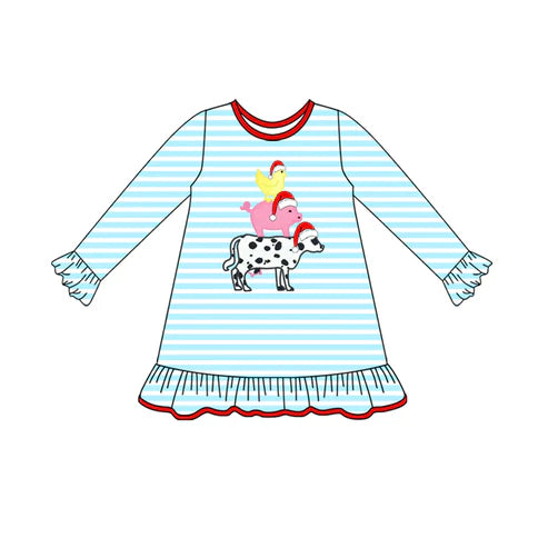 7.14 GLD1200 Baby Girls Long Ruffle Sleeves Christmas Hats Chicks Cows Knee Length Dresses
