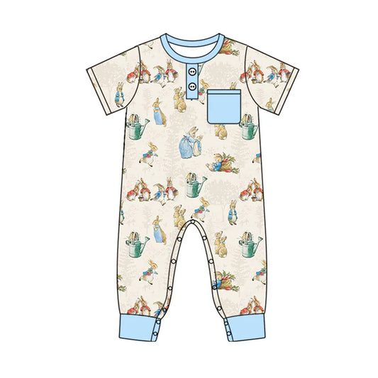 7.22 SR2043 Baby Infant Boys Easter Rabbits Pocket Short Sleeve Rompers preorder