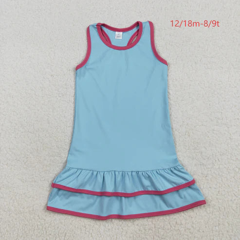 7.15 GSD2631 Baby Girls Blue Sleeveless Ruffle Yoga Knee Length Dress