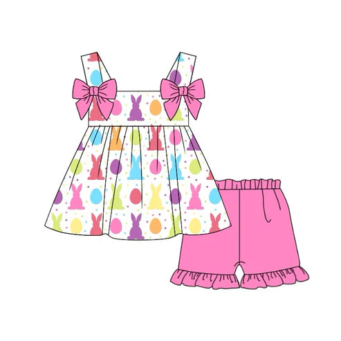 7.19 GSSO1463 Baby Girls Easter Colorful Rabbits Bows Tunic Ruffle Shorts Clothes Sets Preorder