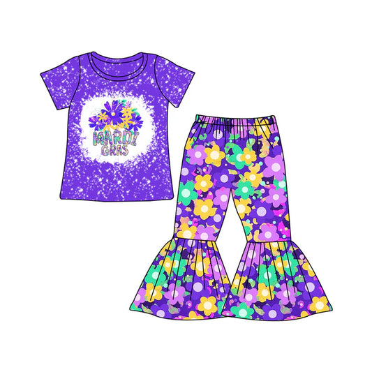 7.23 GSPO1765 Baby Girls Mardi Gras Flowers Shirt Bell Pants Clothes Sets Preorder