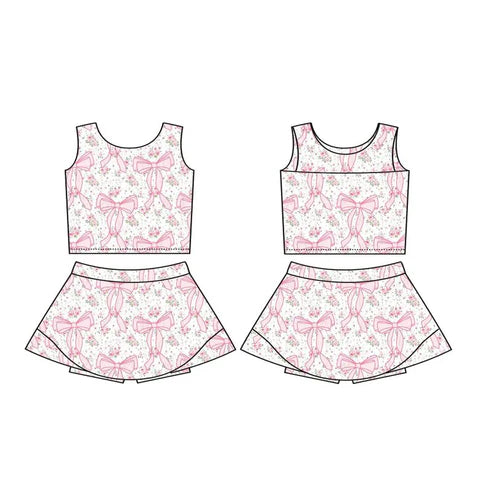 7.10 Custom Moq 3 Baby Girls Sleeveless Pink Bows Floral Vest Top Skorts Yoga Set