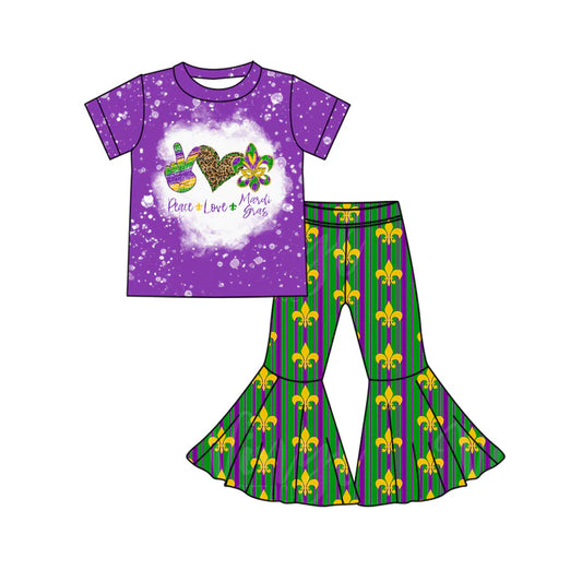 7.23 GSPO1764 Baby Girls Peace Love Mardi Gras Shirt Bell Pants Clothes Sets Preorder