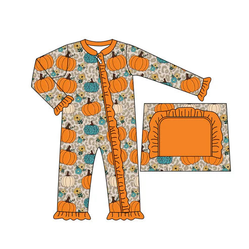 7.15 LR2413 Baby Girls Long Ruffle Sleeves Leopard Pumpkins Flowers Zipper Rompers Preorder