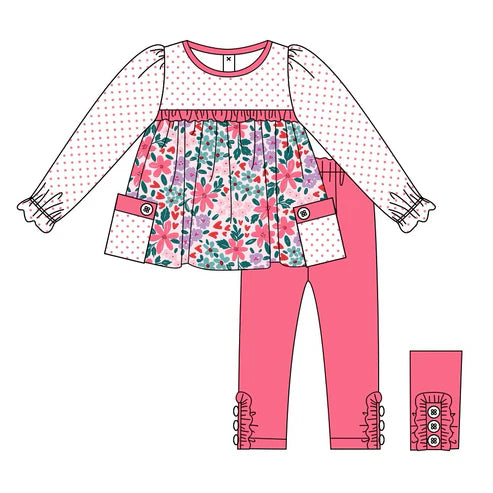 7.17 GLP2070 Baby Girls Pink Dots Flowers Pockets Tunic Legging Clothes Sets Preorder