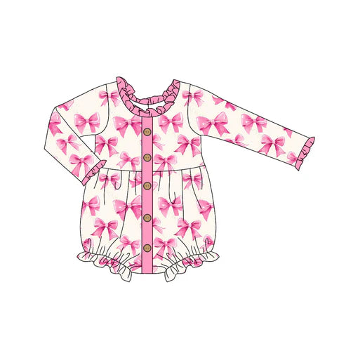 7.17 LR2024 Baby Infant Girls Pink Bows Buttons Long Sleeve Rompers preorder
