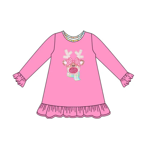7.15 GLD1199 Baby Girls Pink Long Ruffle Sleeves Christmas Deer Knee Length Dresses Preorder