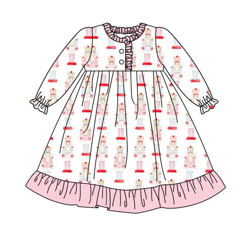 7.17 GLD0941 Baby Girls Christmas Pink Soldier Ruffle Knee Length Dresses Preorder