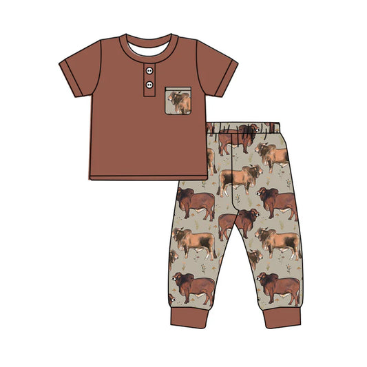 7.22 BSPO0500 Baby Girls Brown Pocket Shirt Western Cows Pants Clothes Sets Preorder