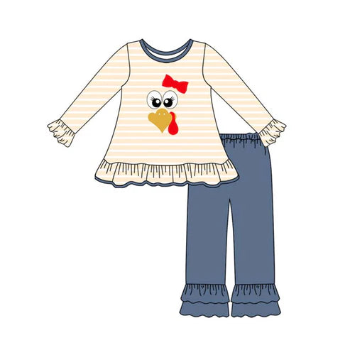 7.15 GLP2588 Baby Girls Long Ruffle Sleeves Turkey Tunic Pants Set Preorder
