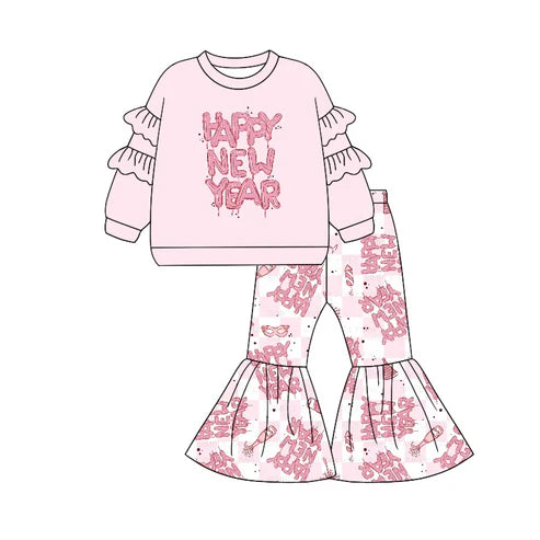 7.16 GLP2067 Baby Girls Happy New Year Top Bell Bottom Pants Clothes Sets Preorder