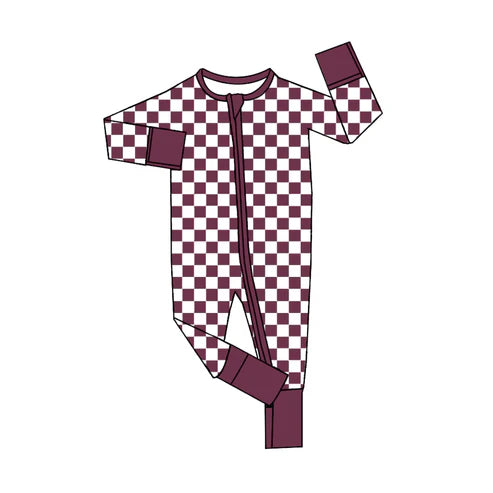 7.17 LR2030 Baby Infant Girls Wine Checkered Zip Long Sleeve Rompers preorder