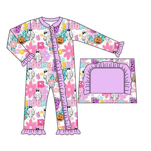 7.12  LR2391 Baby Girls Long Ruffle Sleeves Ghosts Flowers Zipper Rompers Preorder