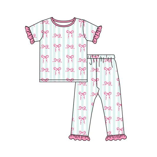 7.22 GSPO1749 Baby Girls Green Stripes Bows Shirt Pants Pajamas Clothes Sets Preorder