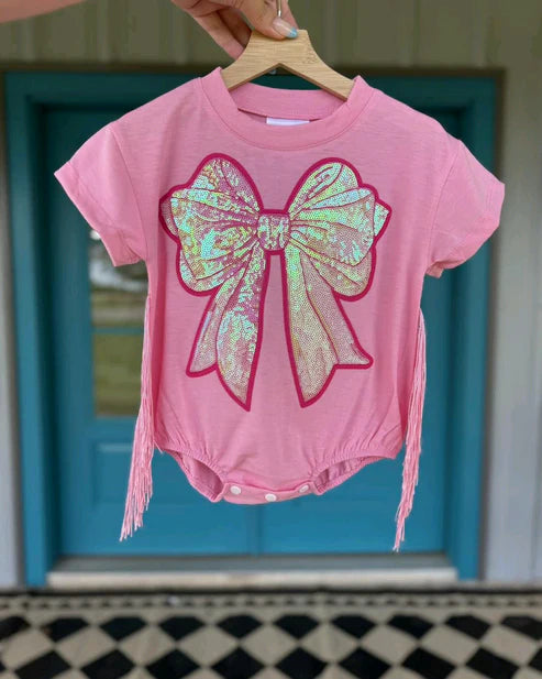 7.15 SR3187 Baby Girls Pink Short Sleeves Sequin Bow Tassel Ruffle Rompers Preorder