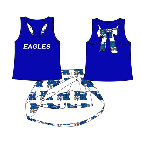 7.10 Custom Moq 3 Baby Girls Blue Eagles bow vest team Top Skirt Skort Sets