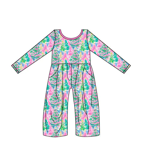 7.17 LR2016 Baby Girls Pink Christmas Trees Pockets Jumpsuits Preorder