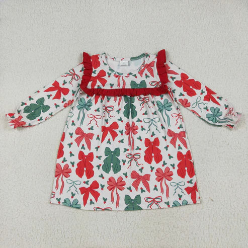7.24 GLD1046 Baby Girls Long Ruffle Sleeves Red Green Bows Knee Length Dress