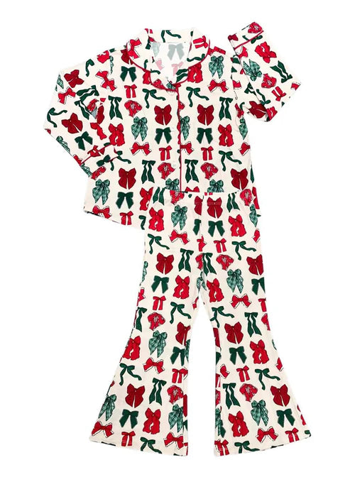 7.19 GLP2128 Baby Girls Christmas Bows Buttons Top Pants Pajamas Clothes Sets Preorder