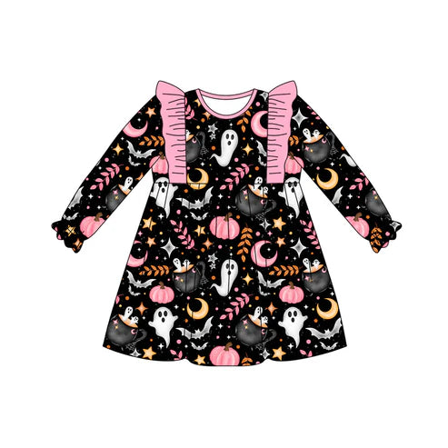 7.11 GLD1186 Baby Girls Black Long Ruffle Sleeves Ghosts Pumpkins Knee Length Dresses Preorder