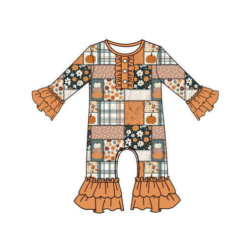 7.12 LR2388 Baby Girls Long Ruffle Sleeves Pumpkins Floral Pant Rompers Preorder