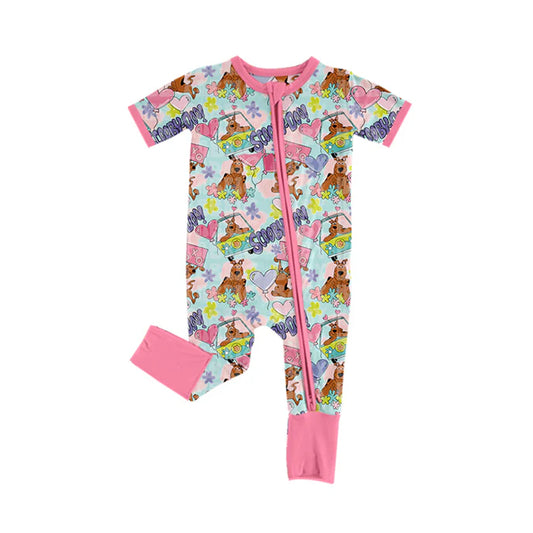 7.23 SR2057 Baby Infant Girls Valentines Dogs Doo Pink Short Sleeve Zip Rompers preorder
