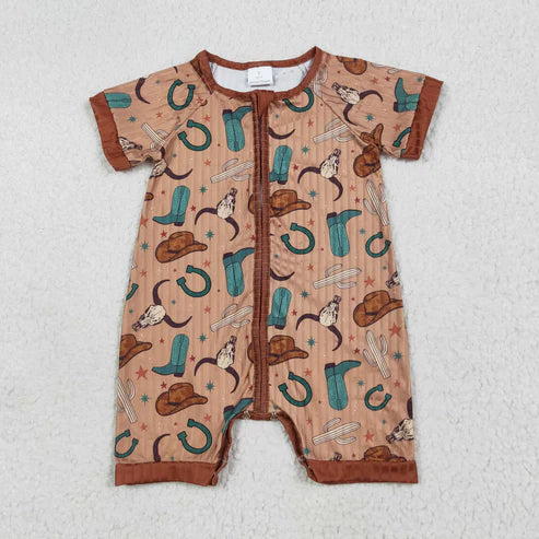 7.15 SR3155 Baby Girls Short Sleeves Brown Boots Hats Western Bull Zipper Romper