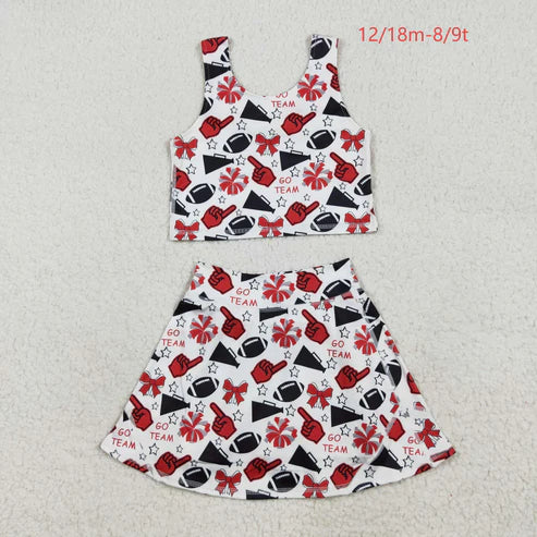 7.15 GSD2693 Baby Girls Team Red Football Bows Vest Top Short Skirts Yoga Set