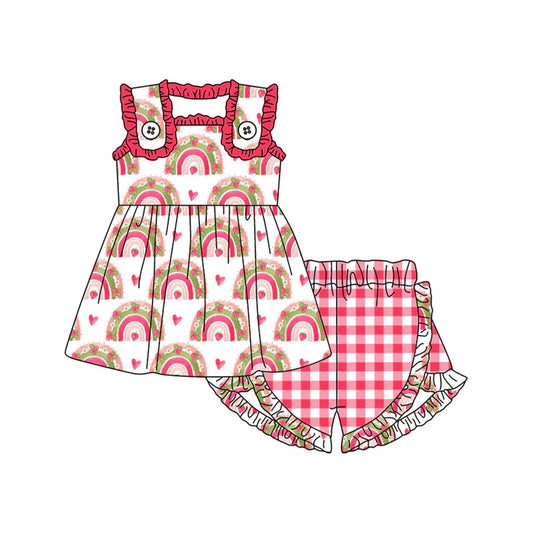 7.22 GSSO1469 Baby Girls Valentines Rainbow Hearts Tunic Ruffle Shorts Clothes Sets Preorder