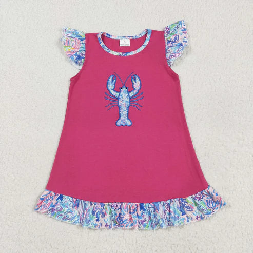 7.24 GSD2398 Embroidery Baby Girls Hot Pink Floral Crayfish Knee Length Dress