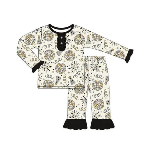 7.12 GLP2563 Baby Girls Long Ruffle Sleeves Birthday's Hats Button Top Pant Pajamas Set Preorder