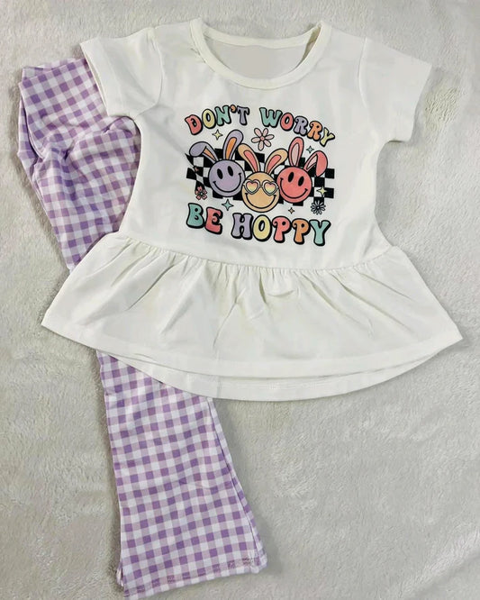 7.21 GSPO1742 Baby Girls Hoppy Easter Rabbits Top Checkered Bell Pants Clothes Sets Preorder