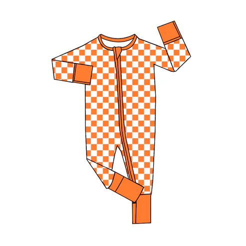 7.17 LR2028 Baby Infant Girls Orange Checkered Zip Long Sleeve Rompers preorder