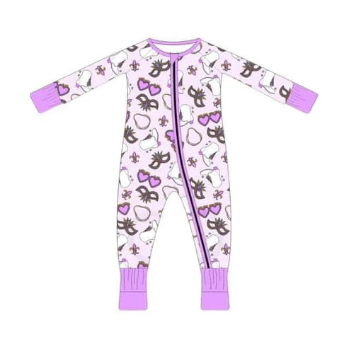 7.18 LR2038 Baby Infant Girls Pink Mardi Gras Zip Long Sleeve Rompers preorder
