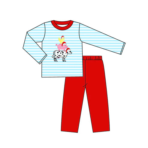 7.14 BLP1172 Baby Boys Long Sleeves Christmas Hats Chicks Cows Top Flare Pant Set Preorder