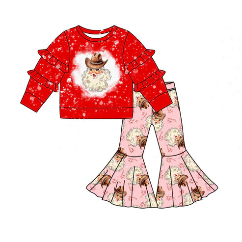 7.17 GLP2074 Baby Girls Christmas Red Santa Top Bell Pants Clothes Sets Preorder
