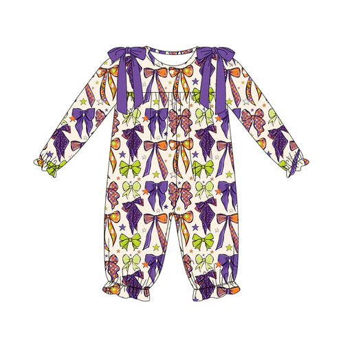 7.11 LR2404 Baby Girls Long Sleeves Purple Bows Plaid Ruffle Pant Rompers Preorder