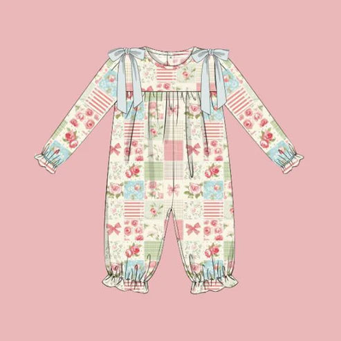 7.14 LR2385 Baby Girls Long Ruffle Sleeves Flowers Plaid Pant Rompers Preorder