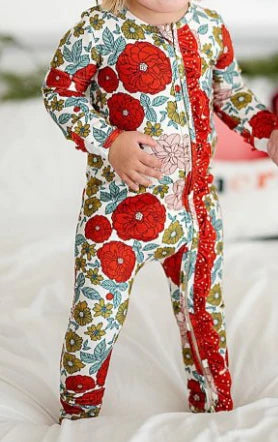 7.18 LR2036 Baby Infant Girls Valentines Red Flowers Zip Long Sleeve Rompers preorder