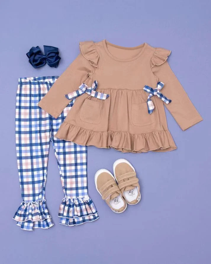 7.21 GLP2146 Baby Girls Brown Bows Tunic Checkered Ruffle Pants Clothes Sets Preorder