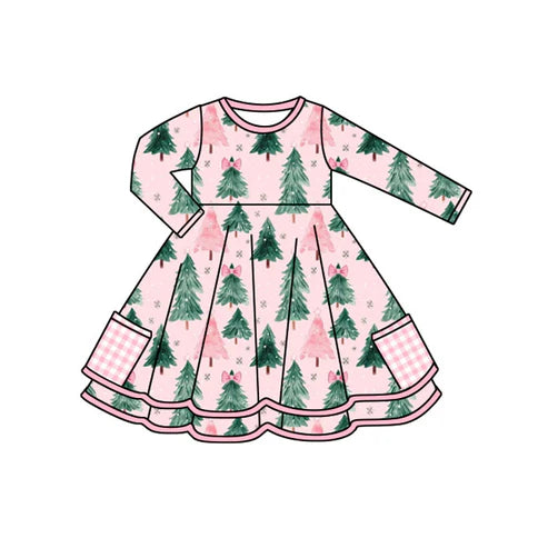 7.15 GLD1191 Baby Girls Pink Long Sleeves Bows Trees Pockets Ruffle Knee Length Dresses Preorder