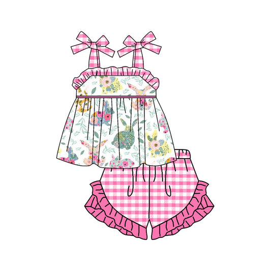 7.22 GSSO1468 Baby Girls Easter Rabbits Flowers Straps Tunic Ruffle Shorts Clothes Sets Preorder