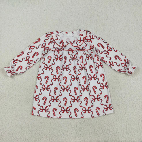 7.24 GLD1130 Baby Girls Long Ruffle Sleeves Red Bows Candy Cane Plaid Knee Length Dress