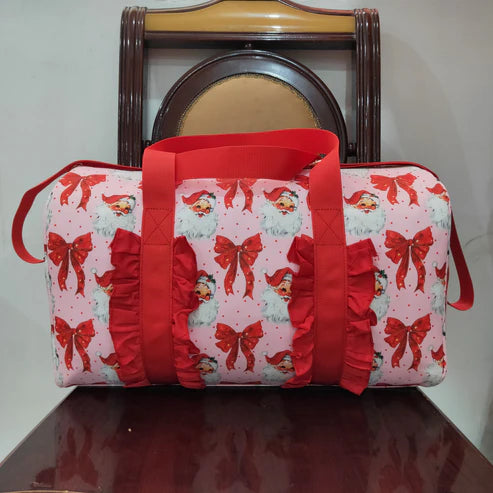 6.26 BA0306 Red Ruffle Bows Santa Print Zipper Gym Bags