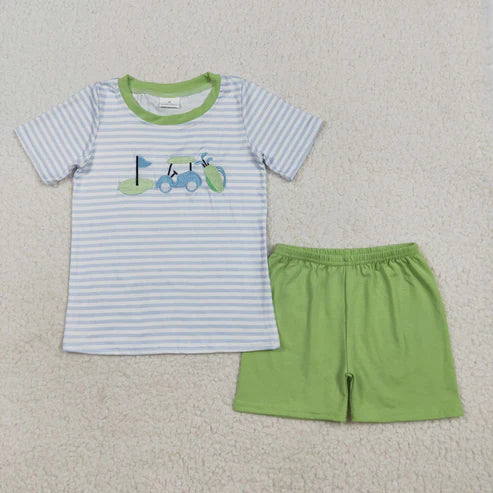 7.15  BSSO1504 Embroidery Baby Boys Blue Stripe Short Sleeves Golf Top Green Short Set