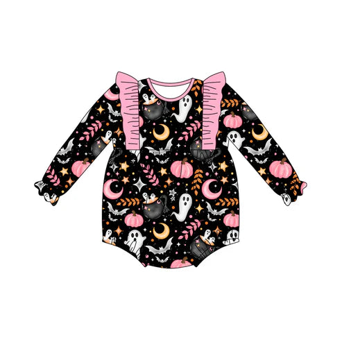 7.11 LR2406 Baby Girls Black Long Ruffle Sleeves Ghost Pumpkins Plaid Rompers Preorder