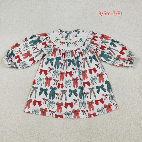 7.24 GLD1028 Baby Girls Long Ruffle Sleeves Colorful Bows Smocked Knee Length Dress